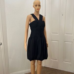 Adrianna Papel Black Mini Dress V Neck Short Sleeve Ruched Waist Gathered Hem